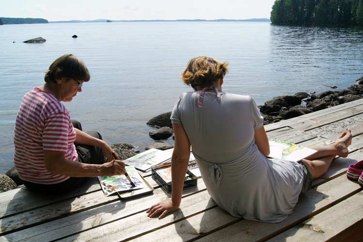 Concentration is needed because the water color technique is very direct and unrelenting. The Puukonsaari art workshop.